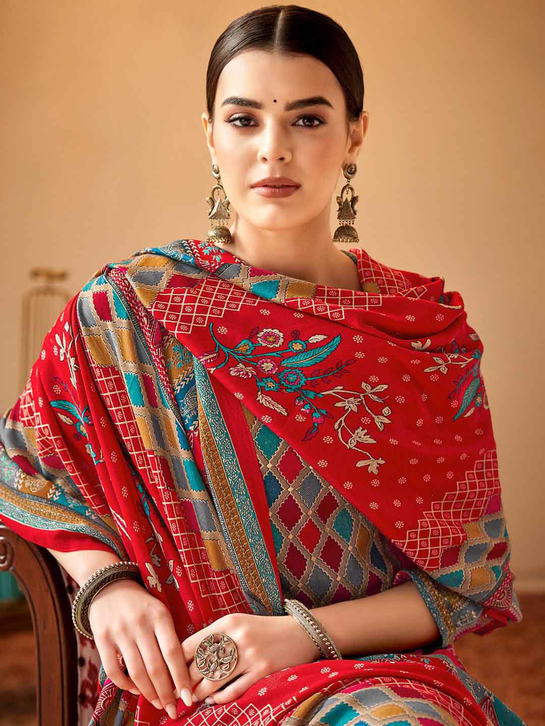 Alok Pashmina Unstitched Red Winter Suit Dress Material for Ladies Alok Suit