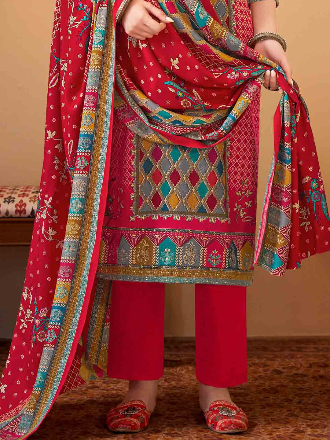 Alok Pashmina Unstitched Red Winter Suit Dress Material for Ladies Alok Suit