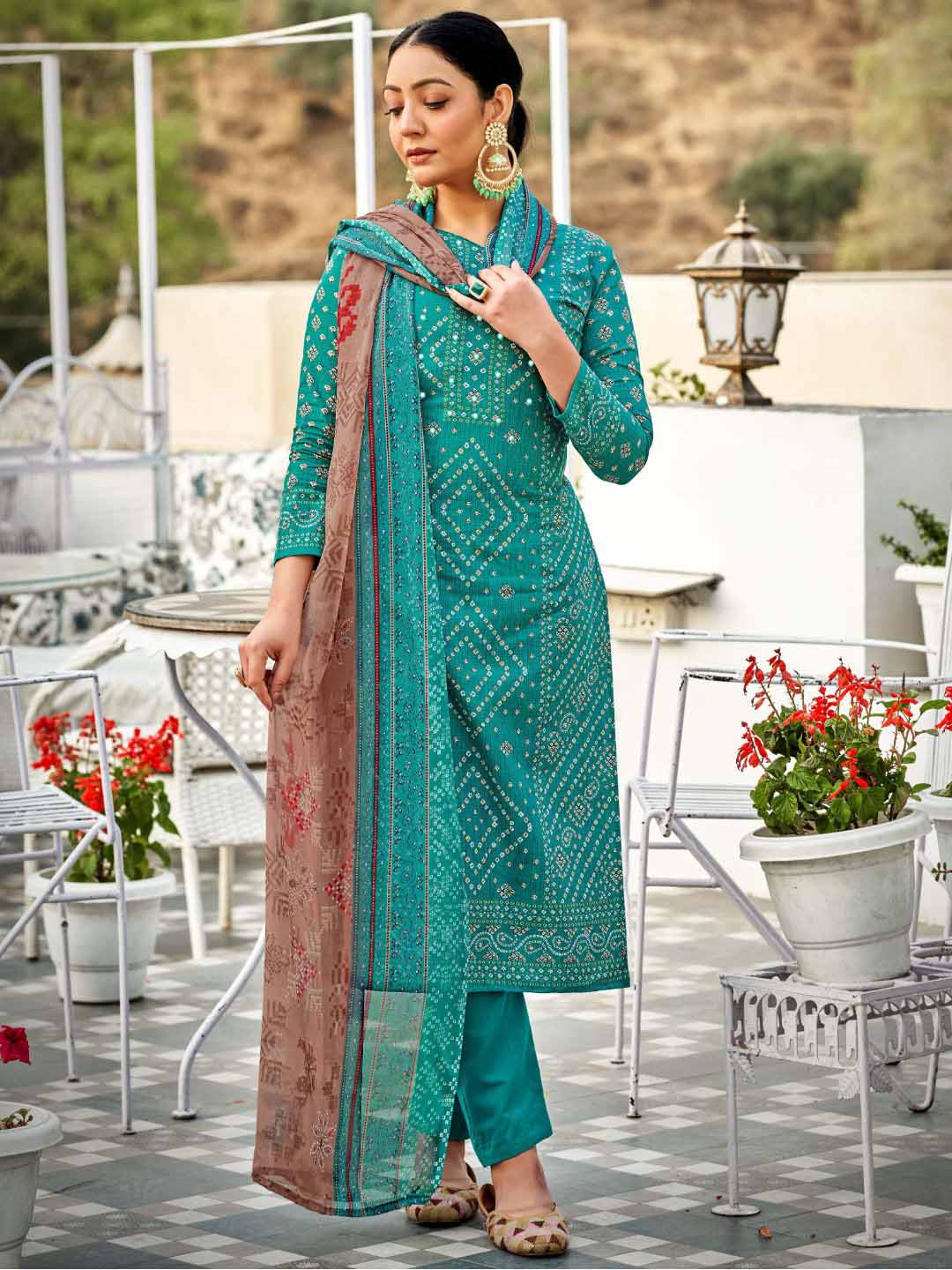 Unstitched Printed Green Cotton Salwar Suit Dress Material for Women Zulfat