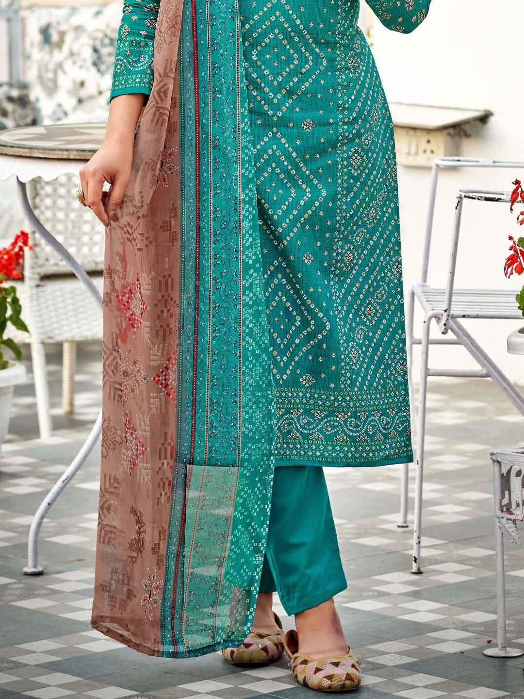 Unstitched Printed Green Cotton Salwar Suit Dress Material for Women