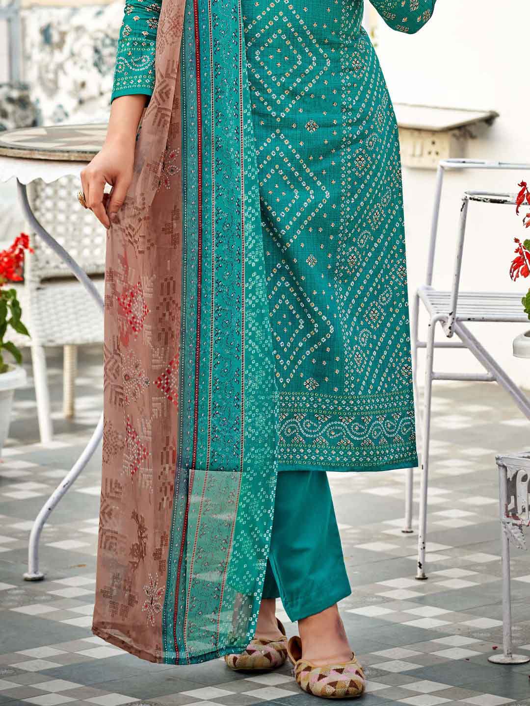 Unstitched Printed Green Cotton Salwar Suit Dress Material for Women Zulfat