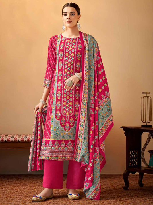 Alok Printed Pink Pashmina Unstitched Winter Suit Material for Ladies Alok Suit