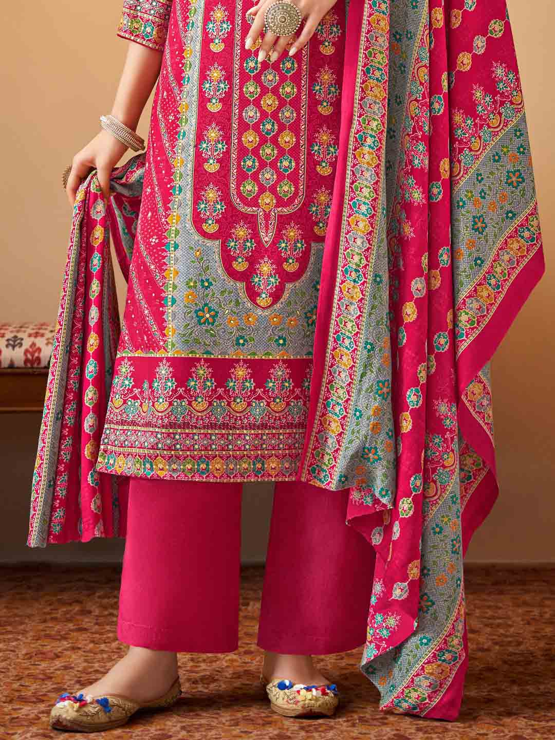 Alok Printed Pink Pashmina Unstitched Winter Suit Material for Ladies Alok Suit