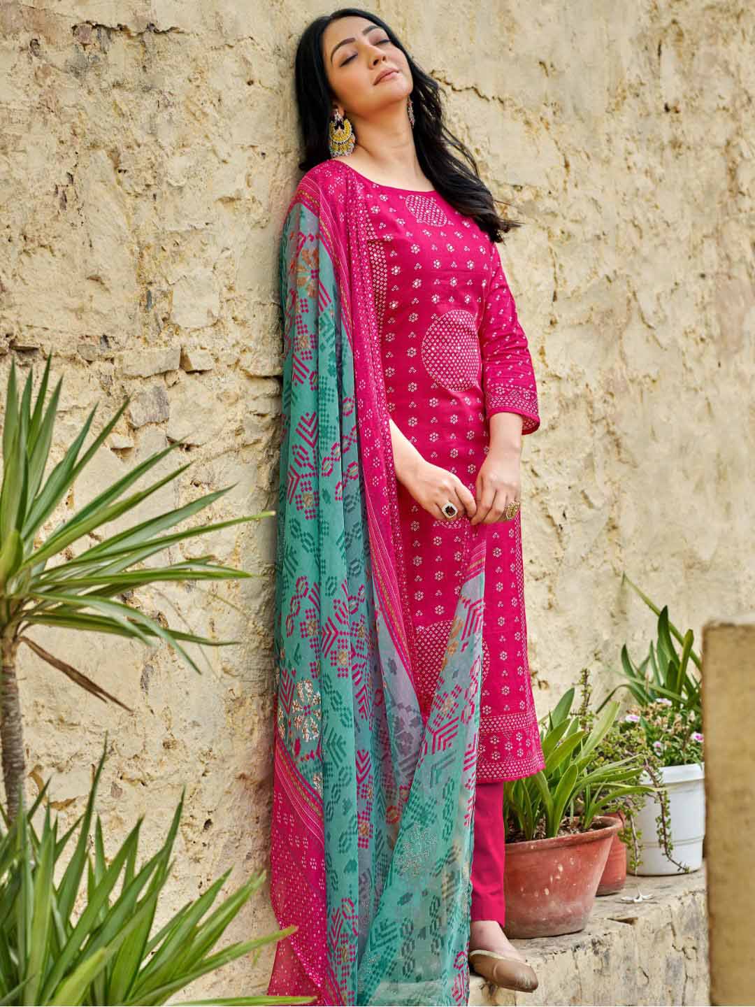 Unstitched Printed Pink Cotton Salwar Suit Dress Material for Women
