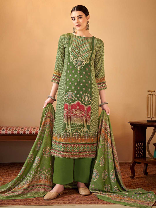 Alok Printed Green Pashmina Unstitched Winter Suit Material for Ladies Alok Suit