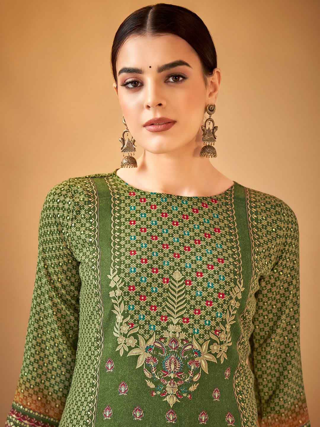 Alok Printed Green Pashmina Unstitched Winter Suit Material for Ladies Alok Suit