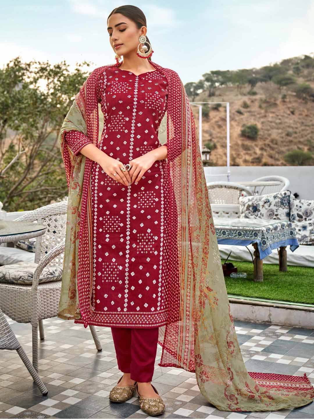 Unstitched Printed Maroon Cotton Salwar Suit Material for Women Zulfat