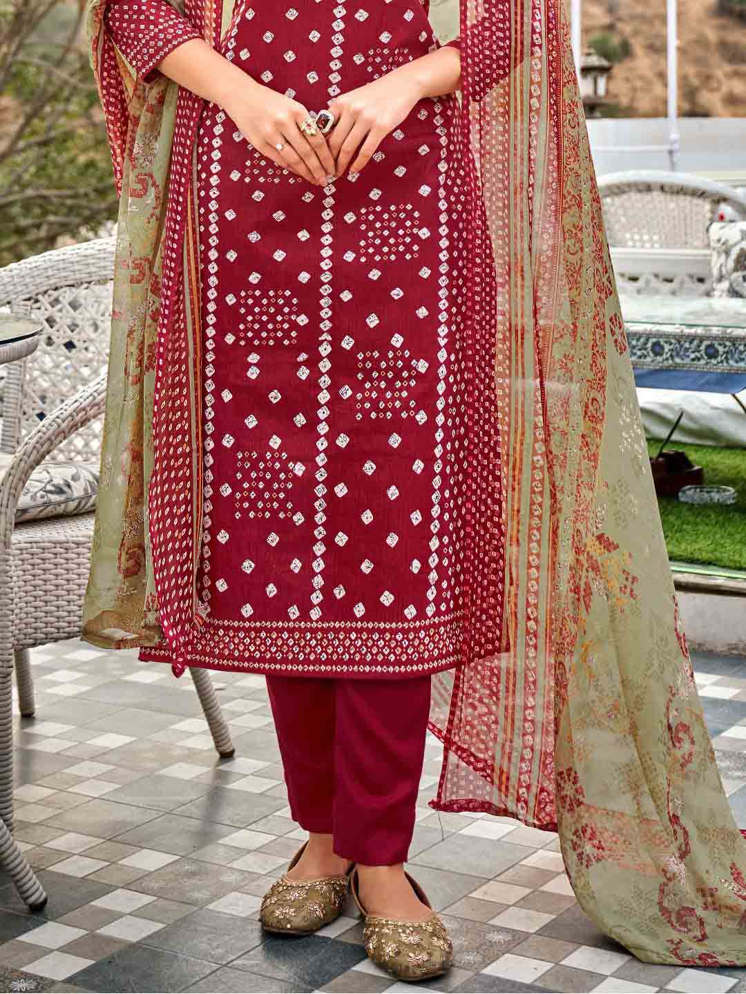 Unstitched Printed Maroon Cotton Salwar Suit Material for Women Zulfat