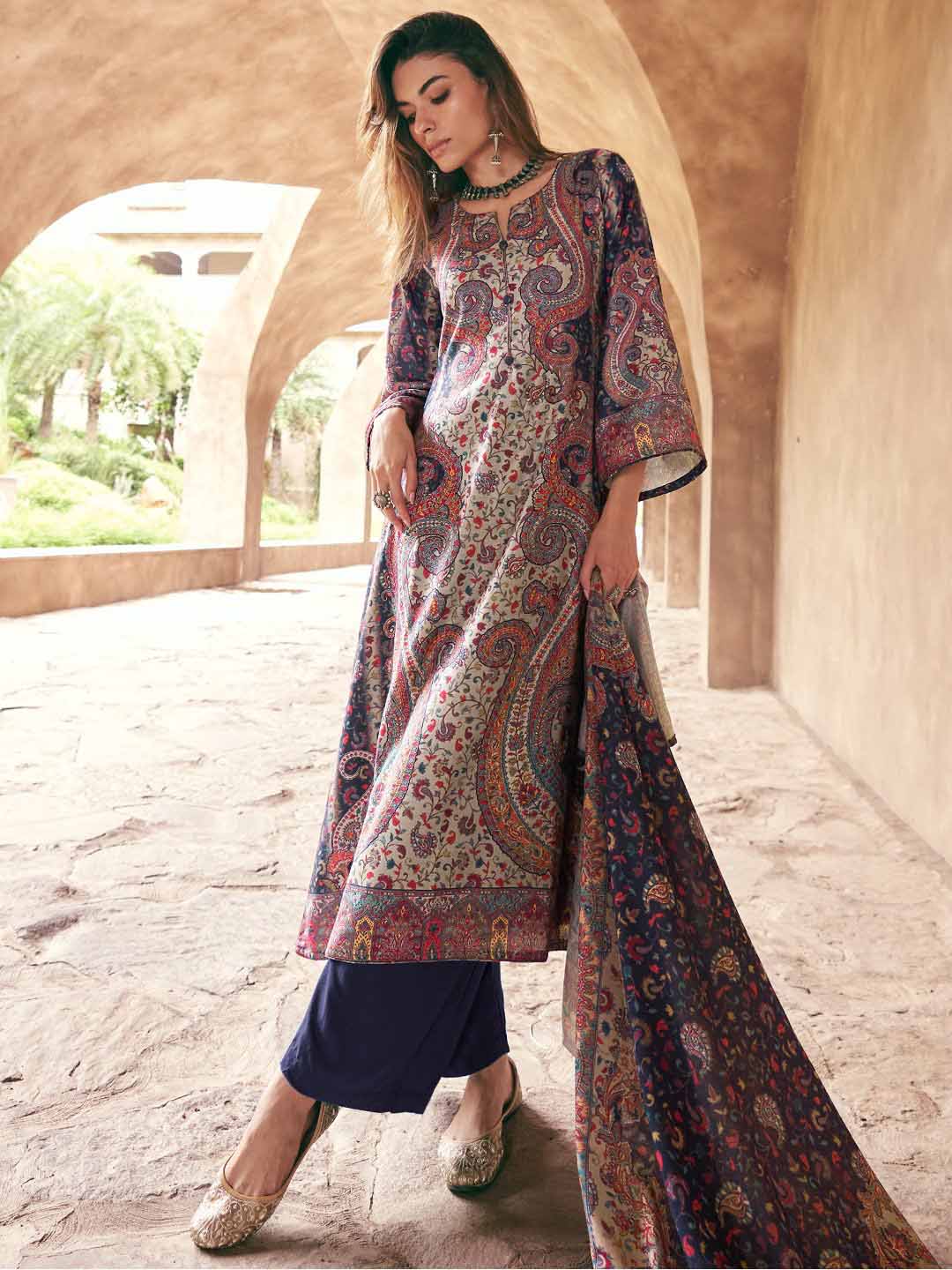 Mumtaz Arts Pure Lawn Cotton Blue Unstitched Suit Dress Material