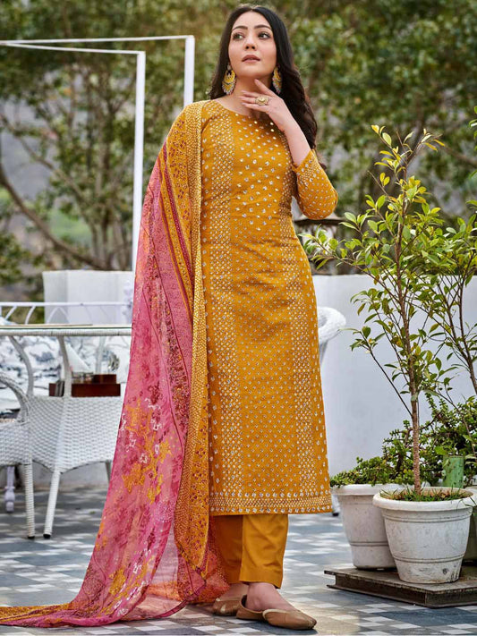 Unstitched Printed Yellow Cotton Salwar Suit Fabric for Women