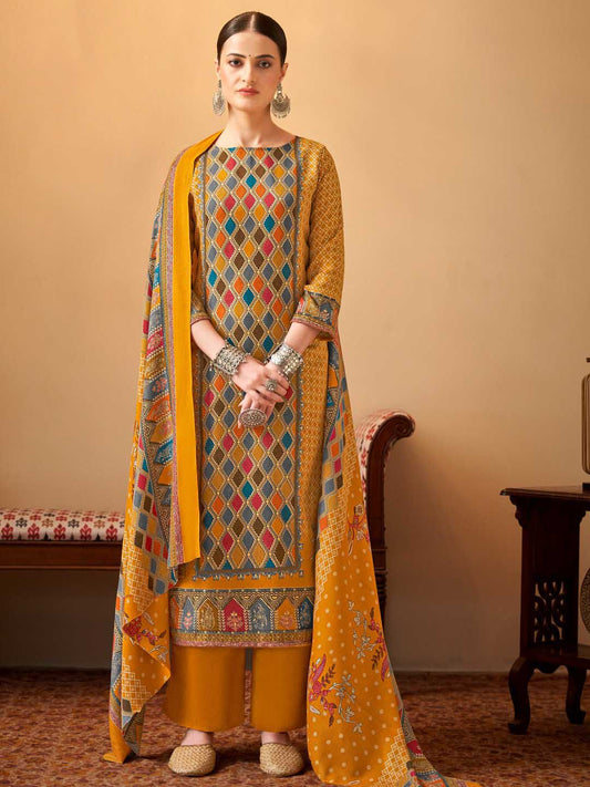 Alok Printed Yellow Pashmina Unstitched Winter Suit Material for Ladies Alok Suit