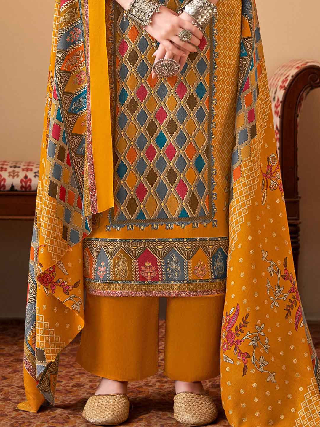 Alok Printed Yellow Pashmina Unstitched Winter Suit Material for Ladies Alok Suit