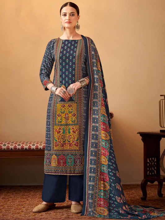 Alok Printed Blue Pashmina Unstitched Winter Suit Material for Ladies Alok Suit