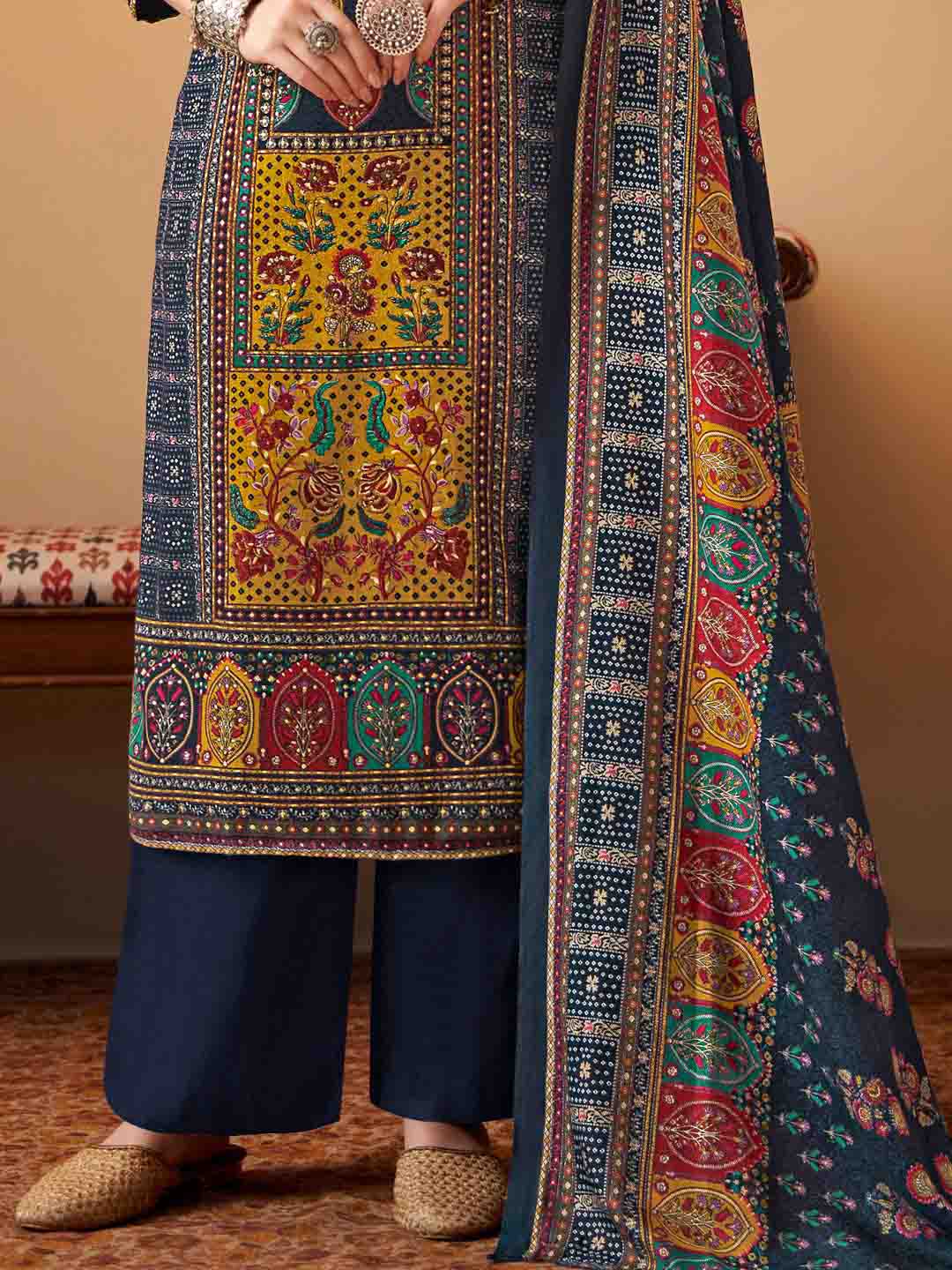 Alok Printed Blue Pashmina Unstitched Winter Suit Material for Ladies Alok Suit