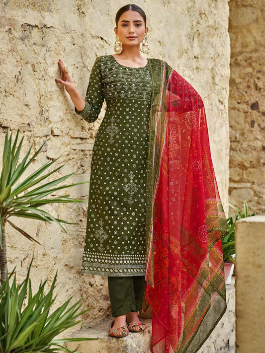 Unstitched Printed Green Cotton Salwar Suit Dress Material for Women Zulfat