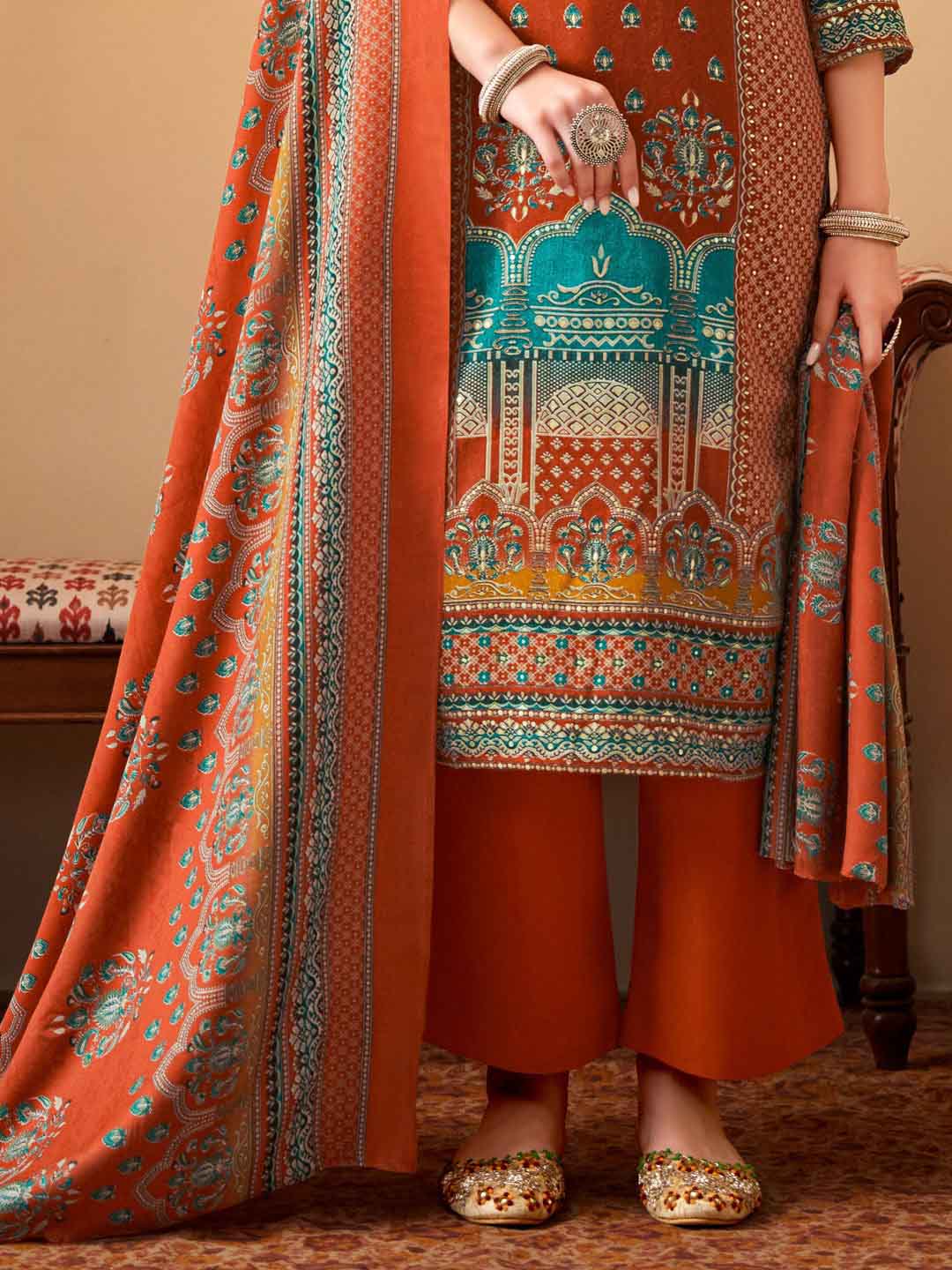 Alok Rust Orange Pashmina Unstitched Winter Suit Material for Ladies Alok Suit