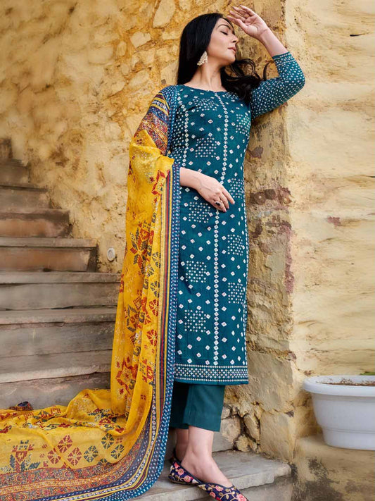 Unstitched Printed Teal Blue Cotton Salwar Suit Fabric for Women
