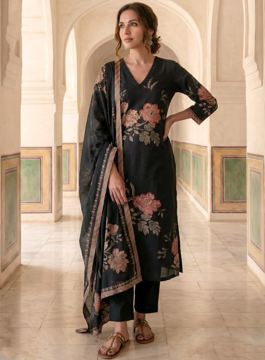 Pure Lawn Cotton Black Unstitched Salwar Suit Dress Material for Women