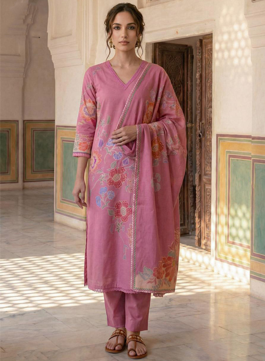 Pure Lawn Cotton Pink Unstitched Salwar Suit Dress Material for Women
