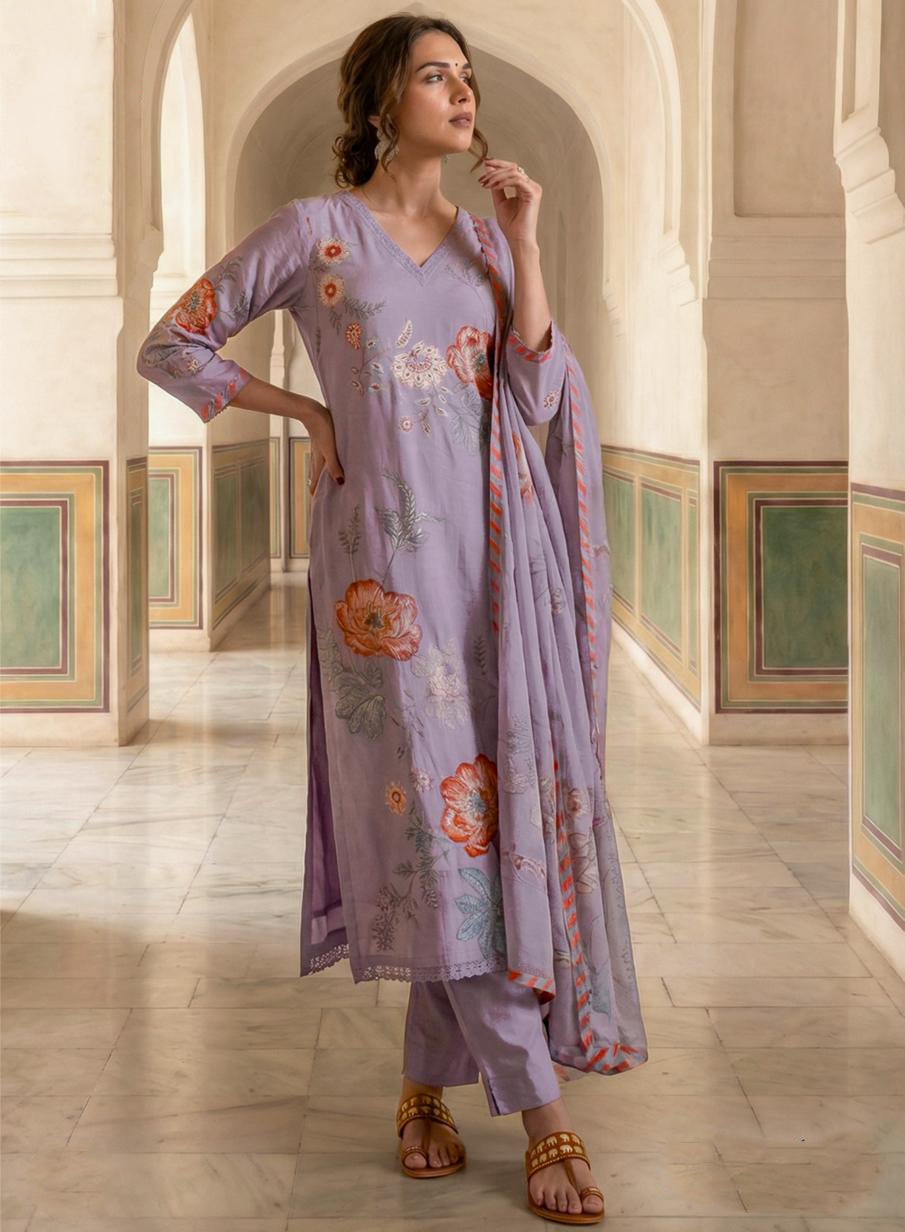 Pure Lawn Cotton Purple Unstitched Salwar Suit Dress Material for Women