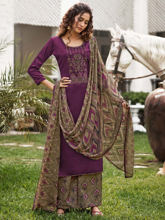 Unstitched Cotton Salwar Suit Purple Dress Material with Embroidery Zulfat