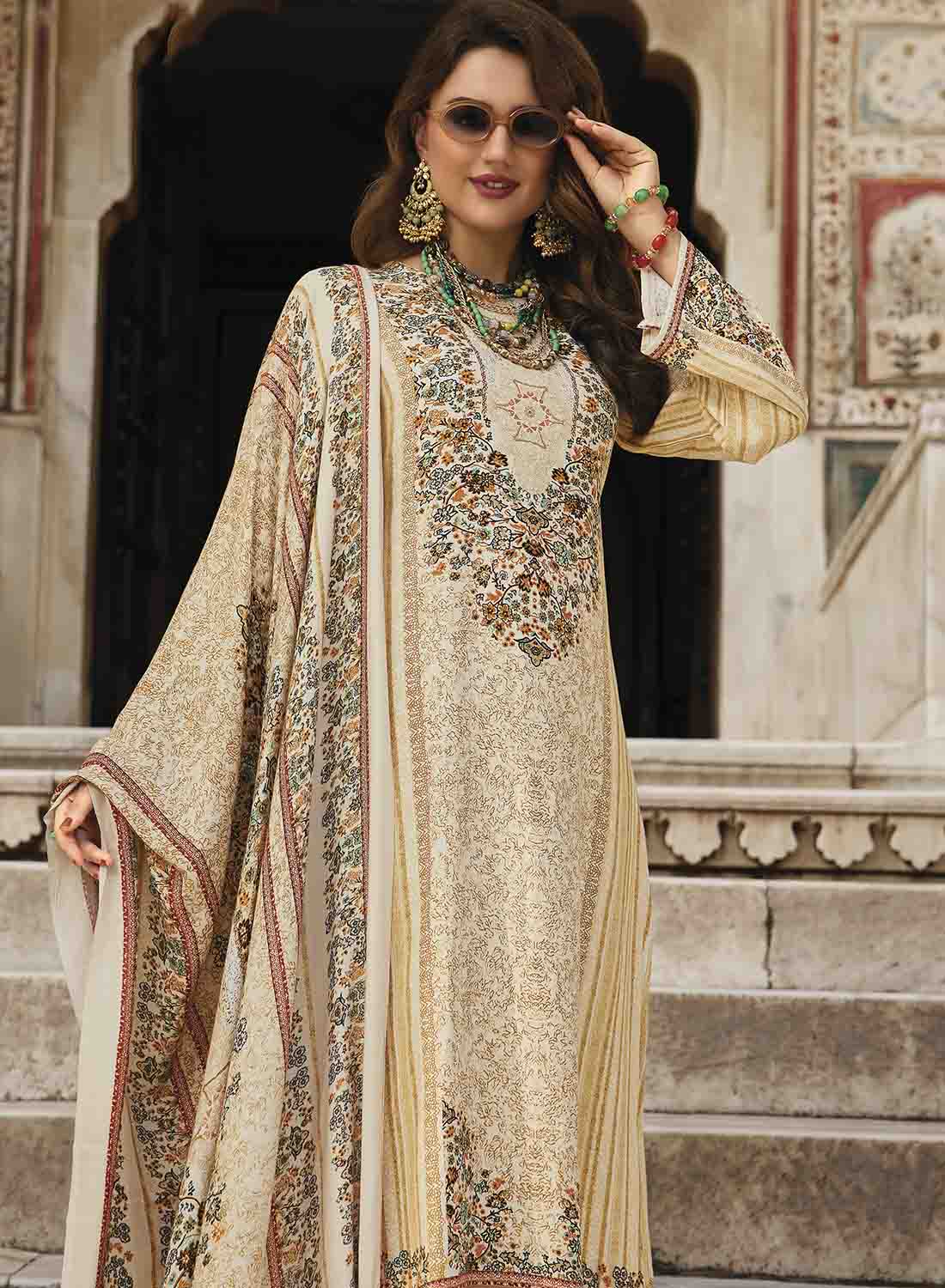 beige dress material Beige Unstitched Embroidered Cotton Blend Dress Material With Dupatta | Dress Material