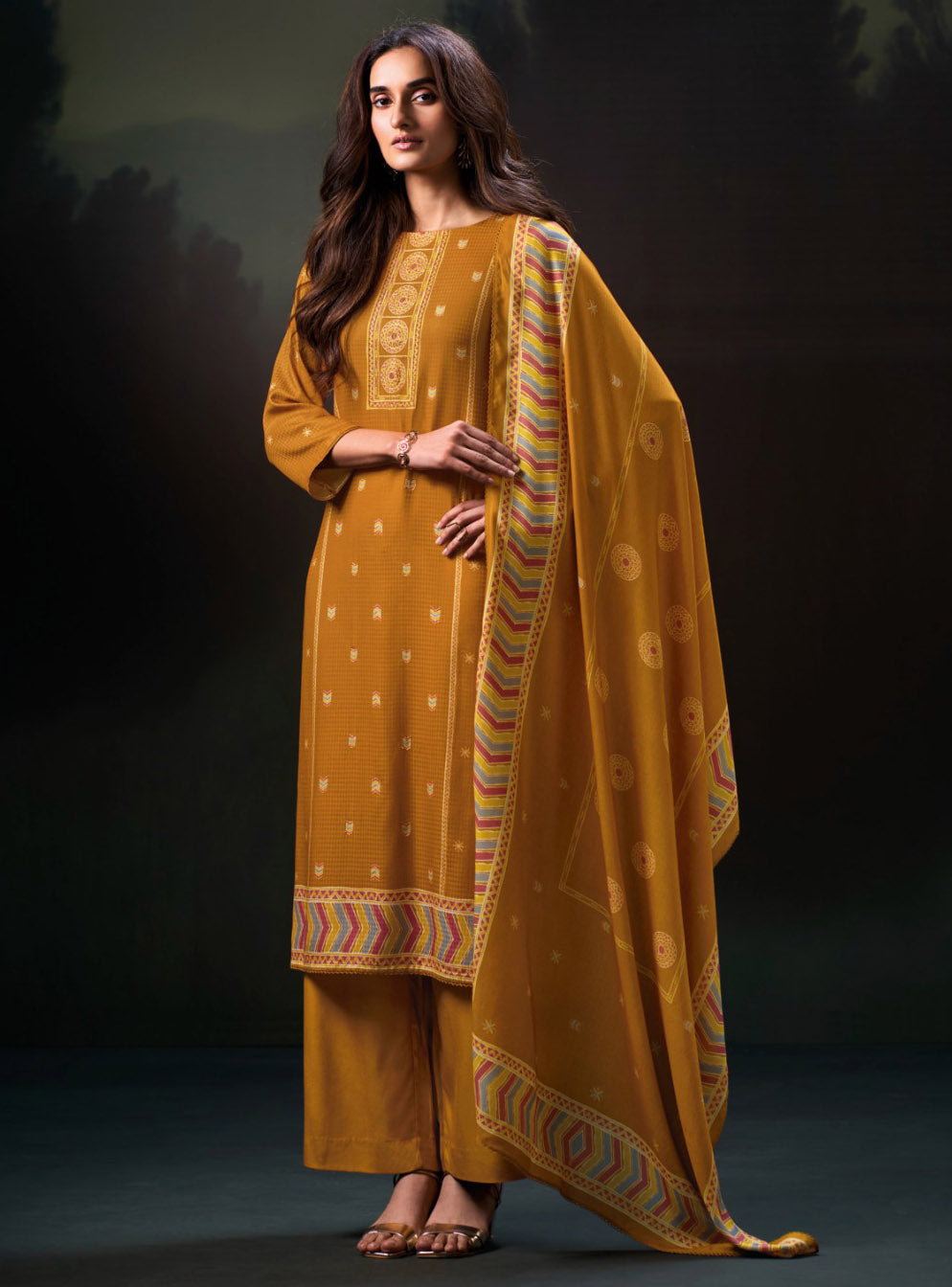 Ganga Mustard Unstitched Pashmina Winter Salwar Suit Dress Material