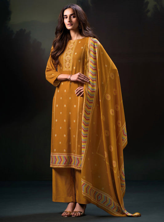Ganga Mustard Unstitched Pashmina Winter Salwar Suit Dress Material