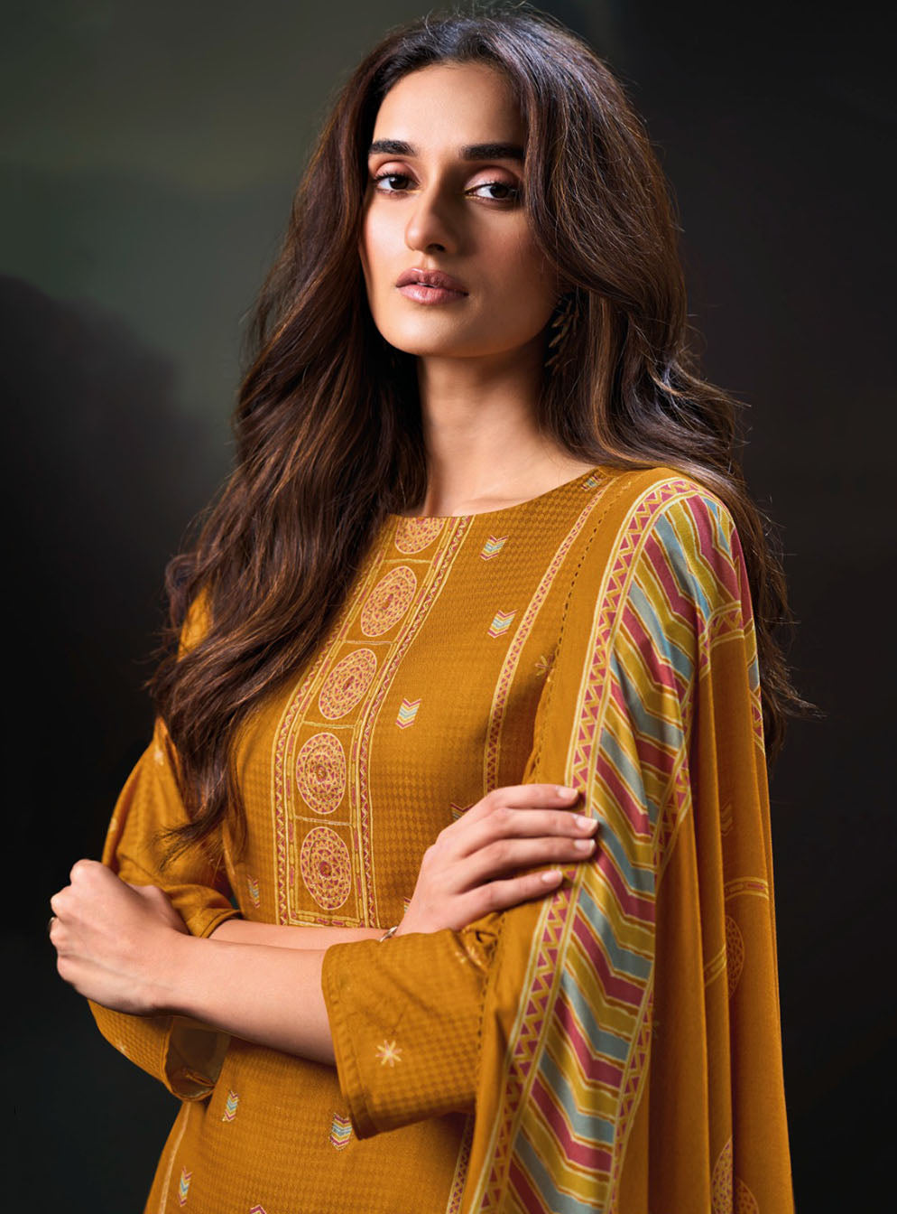 Ganga Mustard Unstitched Pashmina Winter Salwar Suit Dress Material