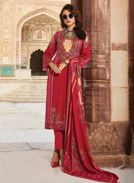 Red Pure Pashmina Unstitched Winter Suit Dress Material for Women