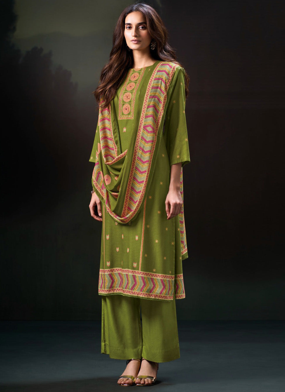 Ganga Green Unstitched Pashmina Winter Salwar Suit Dress Material