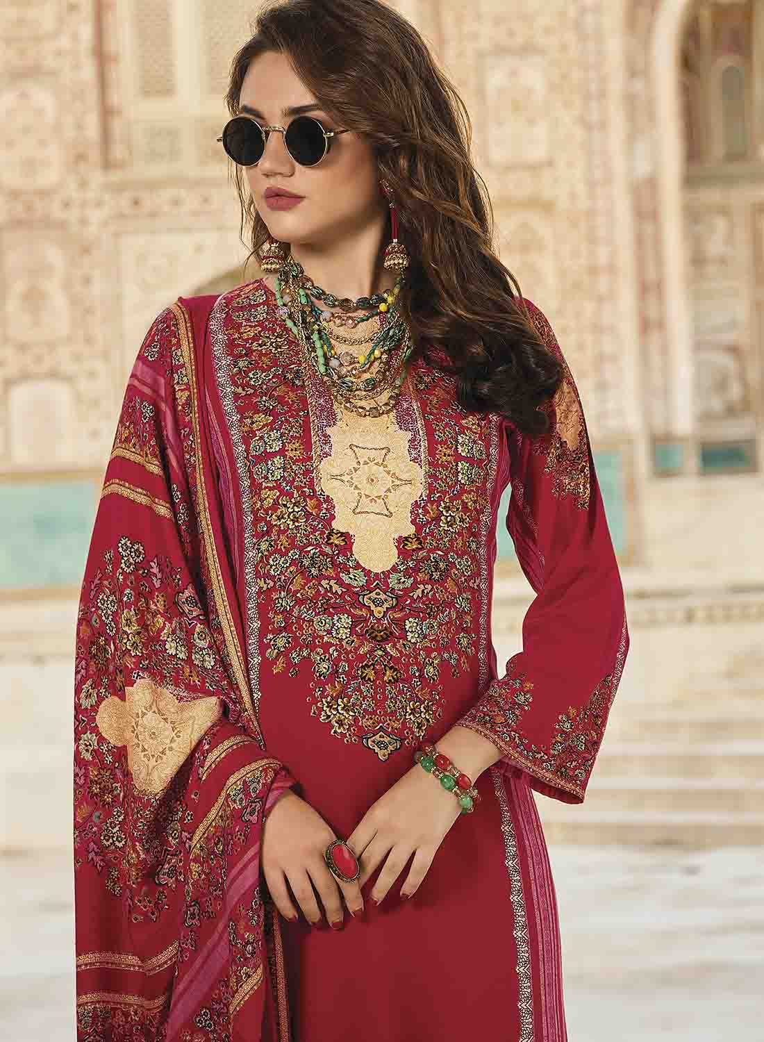 Red Pure Pashmina Unstitched Winter Suit Dress Material for Women