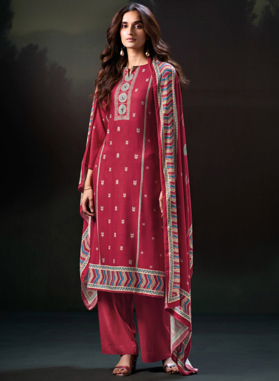 Ganga Pink Unstitched Pashmina Winter Salwar Suit Dress Material