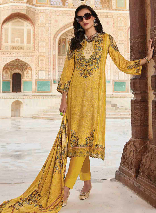 Yellow Pure Pashmina Unstitched Winter Suit Dress Material for Women