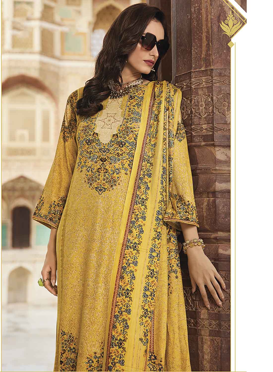 Yellow Pure Pashmina Unstitched Winter Suit Dress Material for Women