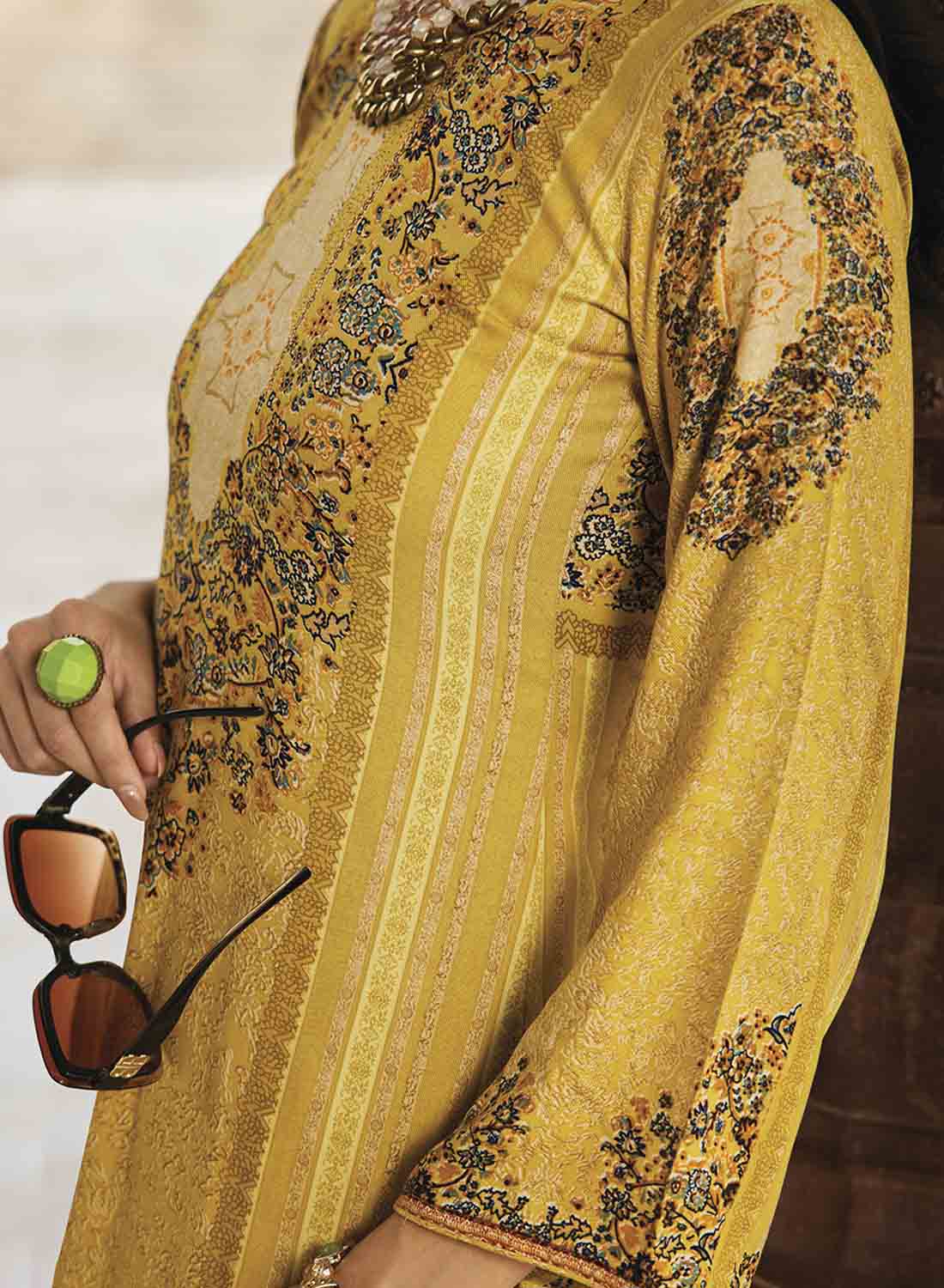 Yellow Pure Pashmina Unstitched Winter Suit Dress Material for Women