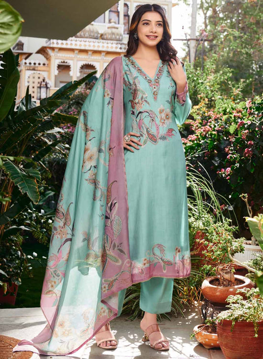 Party Wear Pure Muslin Unstitched Salwar Suit Set with Embroidery