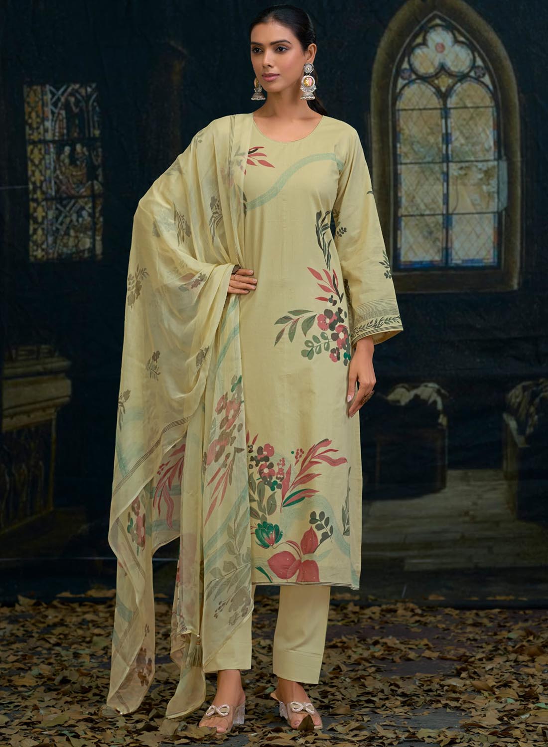 Light Green Lawn Cotton Unstitched Suit Material with Chiffon Dupatta