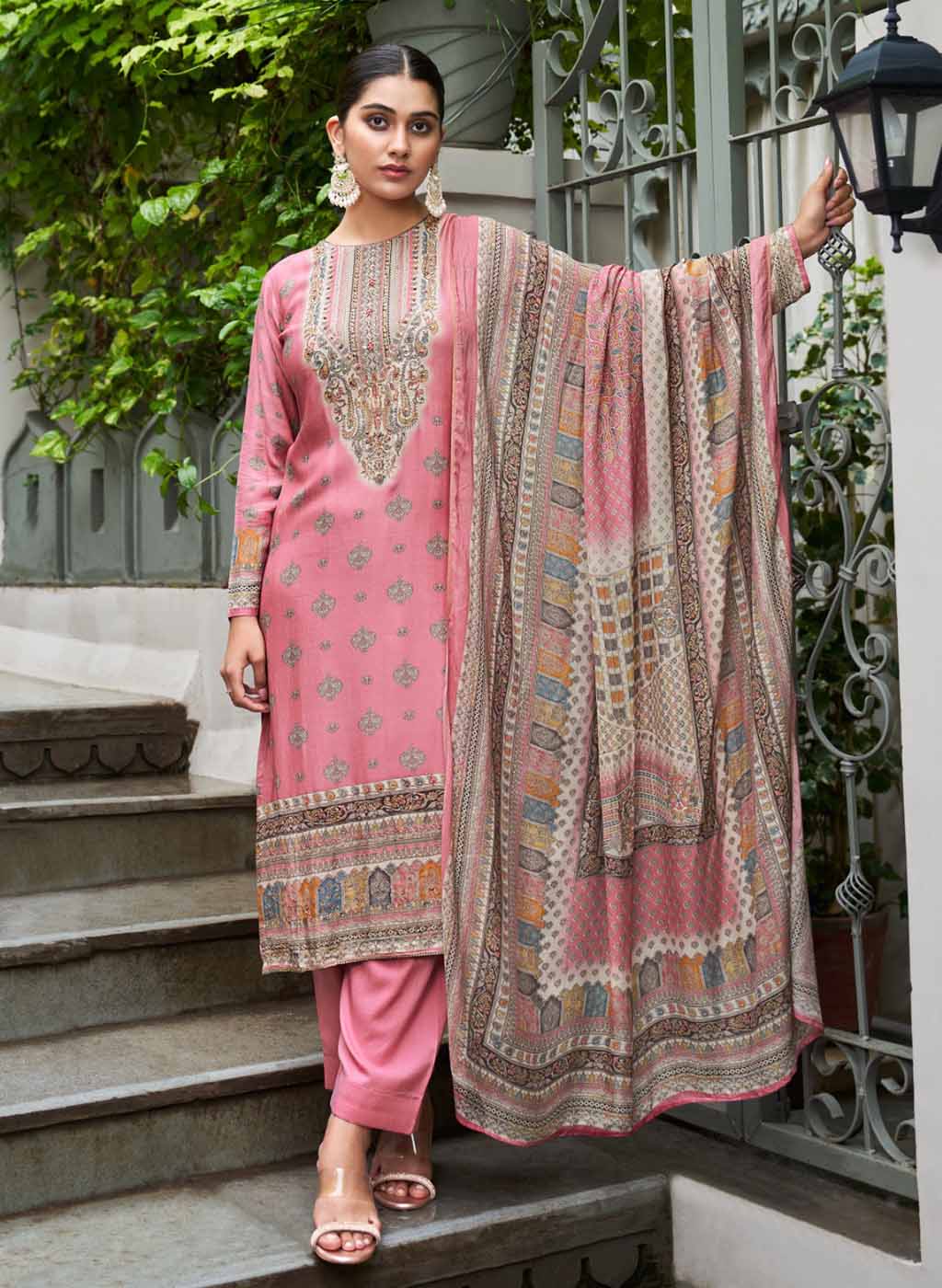 Pink Pure Muslin Party Wear Unstitched Suit Material for Women