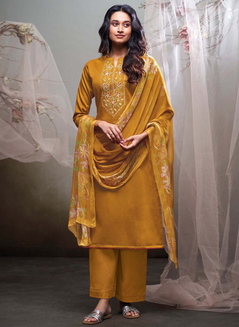 Ganga Unstitched Cotton Satin Salwar Suit Material with Chiffon Dupatta