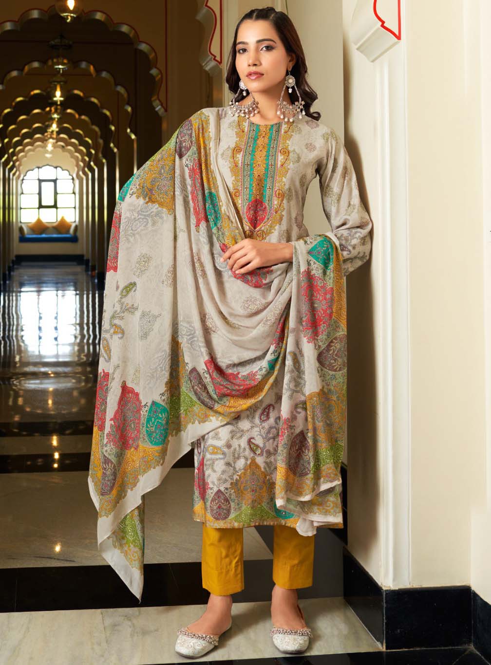 Yellow Unstitched Pashmina Winter Suit Dress Material for Women