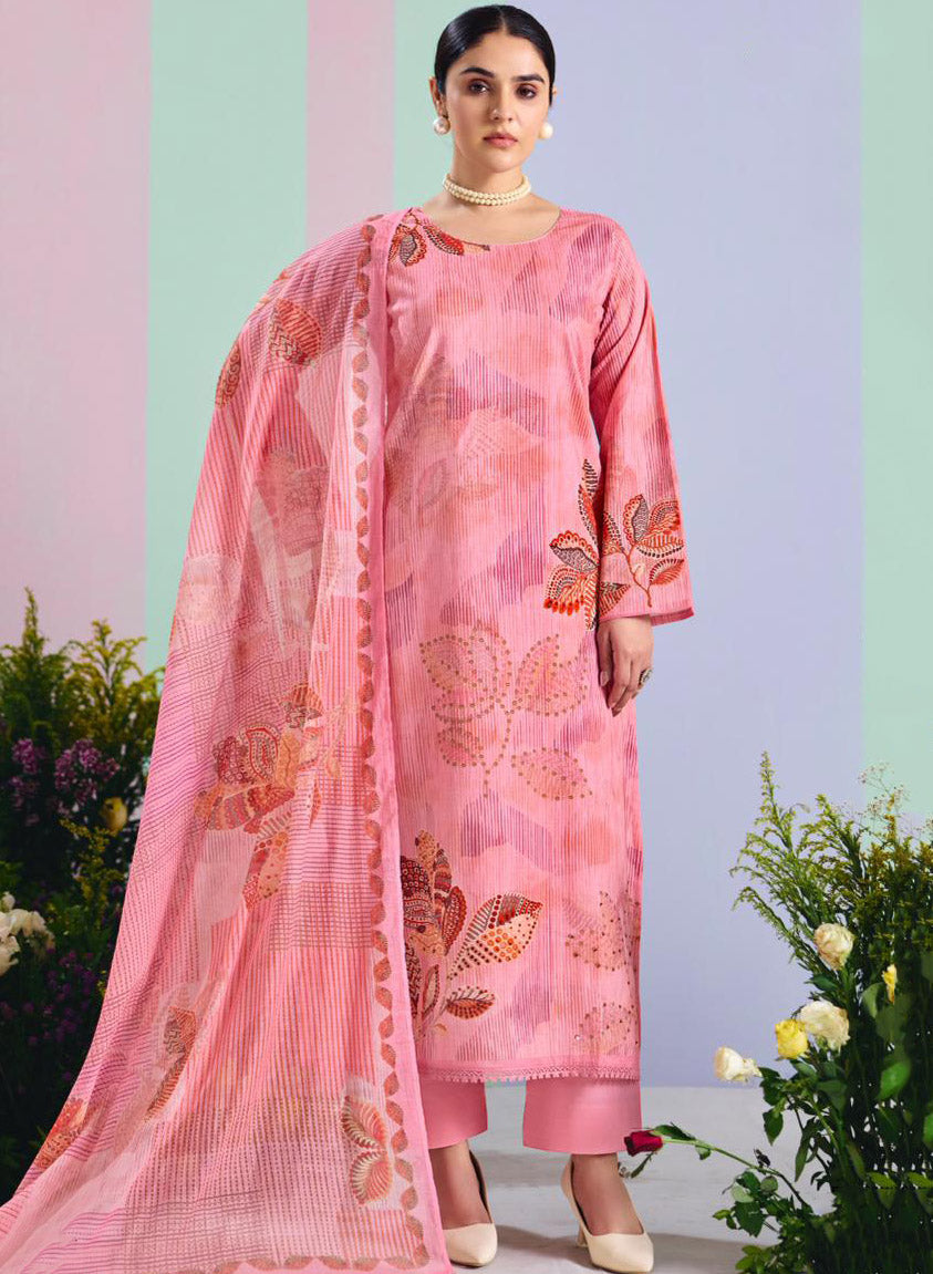 Premium Pink Unstitched Cotton Suit Dress Material with Chiffon Dupatta