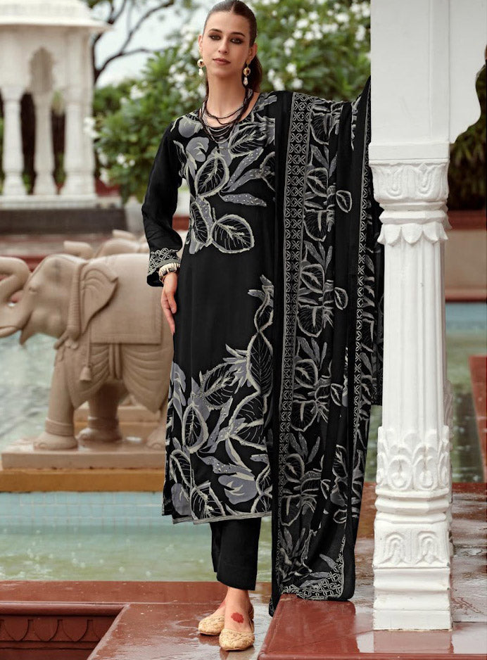 Black Viscose Pashmina Unstitched Winter Salwar Suit Set Material