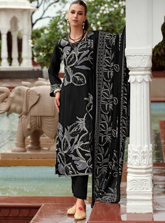 Black Viscose Pashmina Unstitched Winter Salwar Suit Set Material