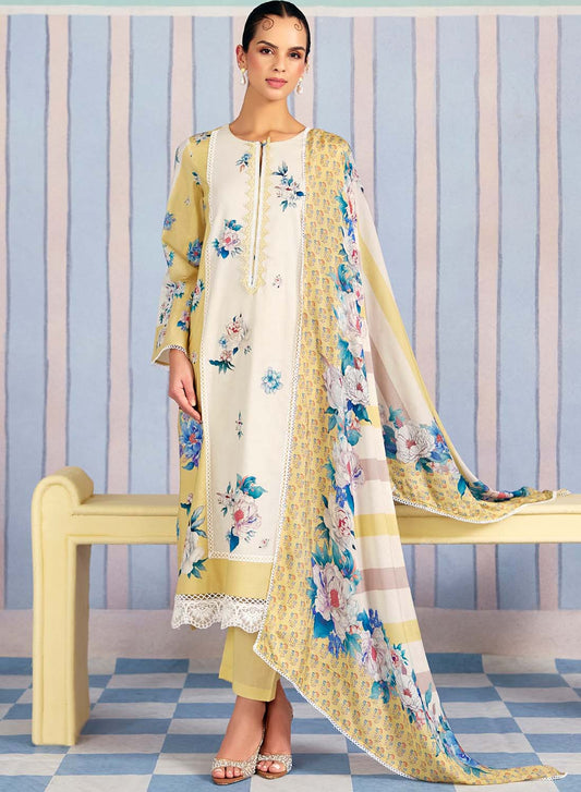 Pure Lawn Cotton Beige Unstitched Salwar Suit Material with Embroidery