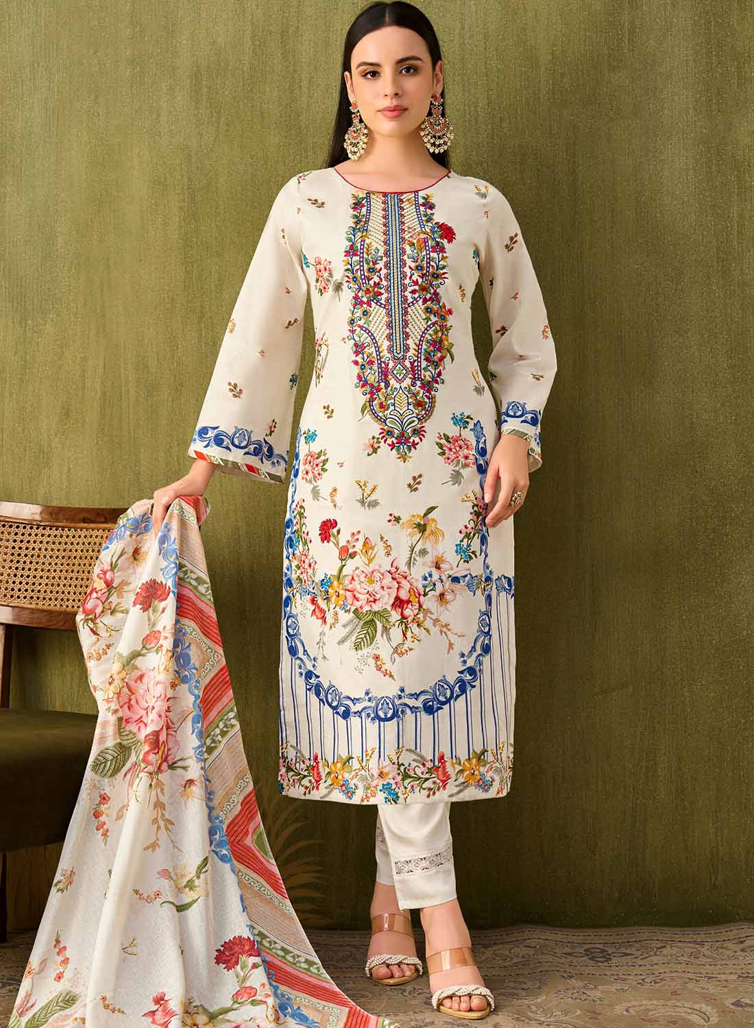 Cream Printed Unstitched Cotton Pakistani Suit Dress Material with Embroidery