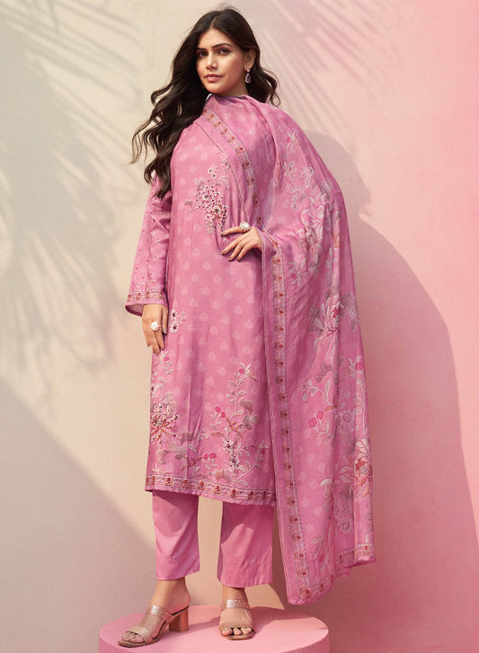 Pure Muslin Printed Pink Unstitched Salwar Suit Material for Women