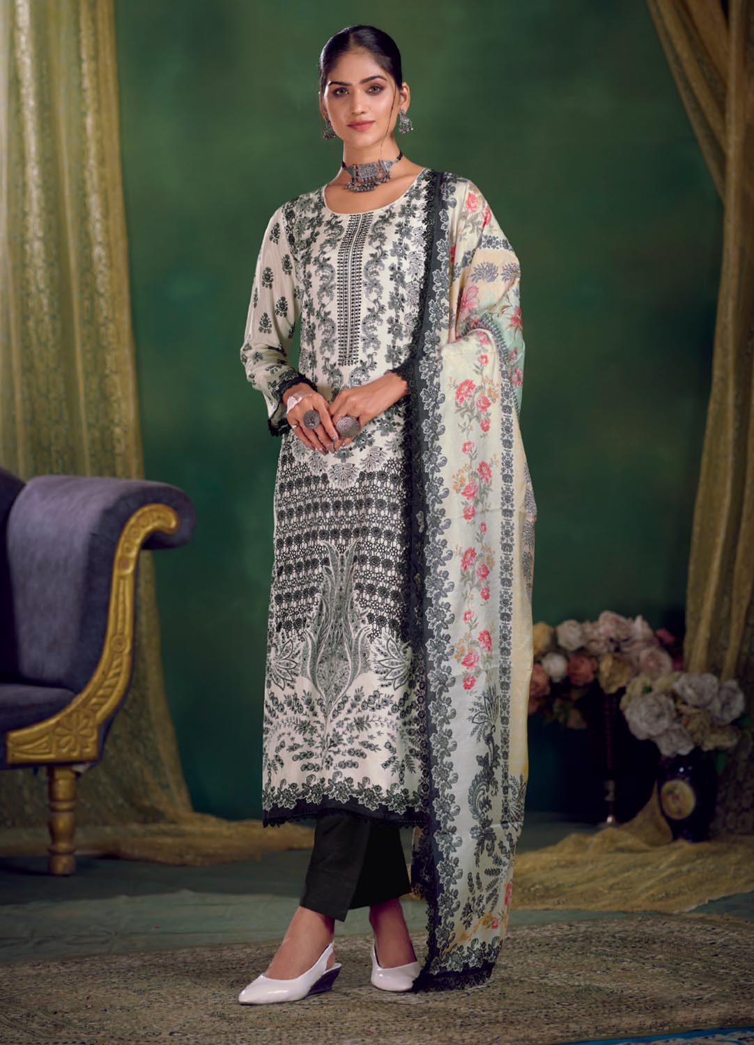 Unstitched Pakistani Print White Winter Suit Dress Material for Women IBIZA