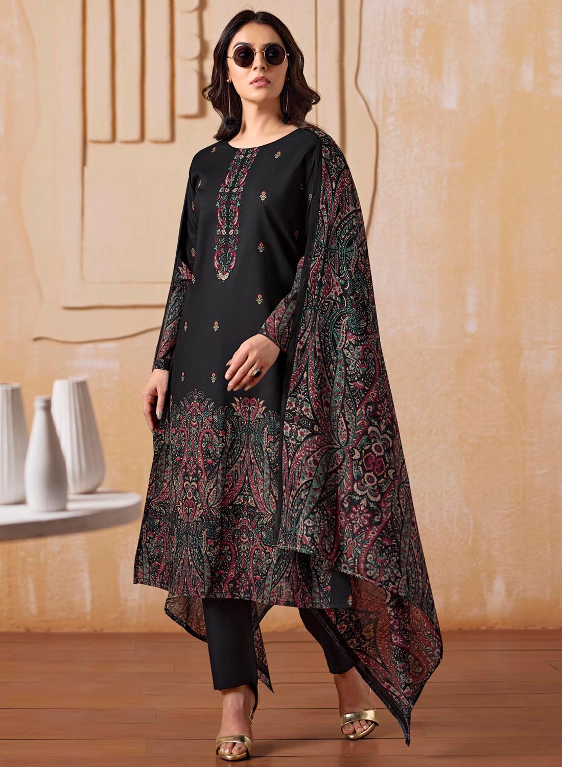 Black Cambric Cotton Unstitched Suit Material Printed with Embroidery