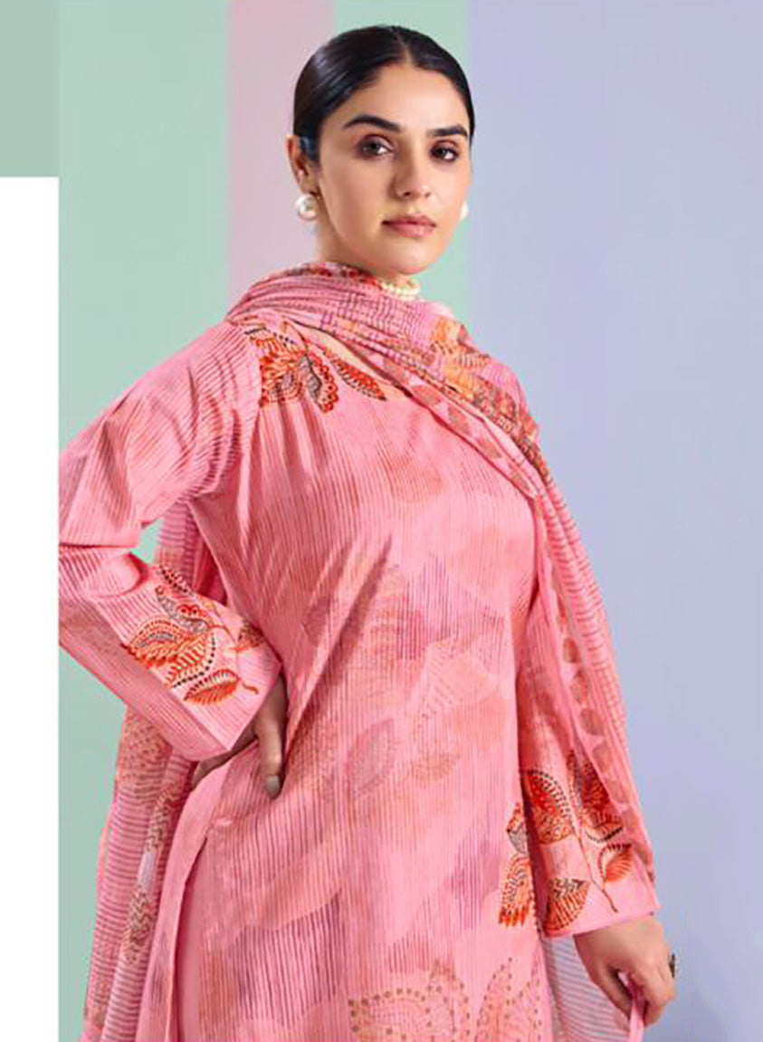Premium Pink Unstitched Cotton Suit Dress Material with Chiffon Dupatta